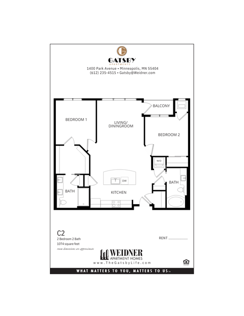 Floor plan for 2 beds, 2 baths, 1074 sqft